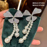 Floral Shaped Sparkly Pearl Deco Tassel Earrings White